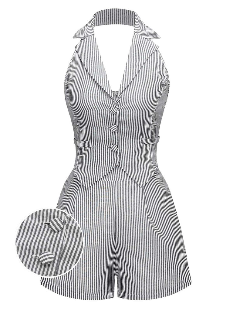 2PCS Gilet licou à revers et short à poches à rayures fines gris des années 1950