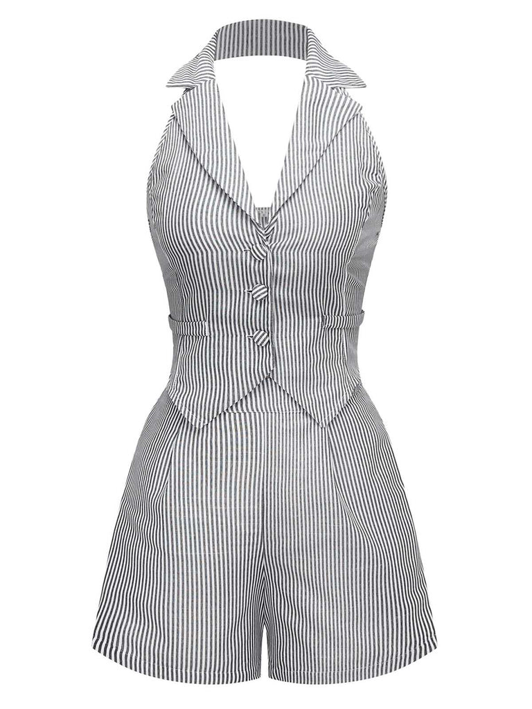 2PCS Gilet licou à revers et short à poches à rayures fines gris des années 1950