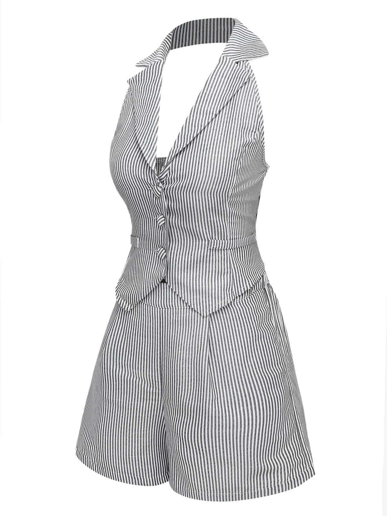 2PCS Gilet licou à revers et short à poches à rayures fines gris des années 1950