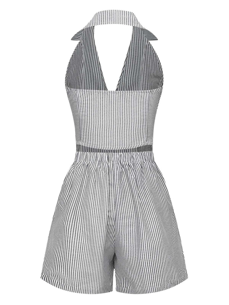 2PCS Gilet licou à revers et short à poches à rayures fines gris des années 1950