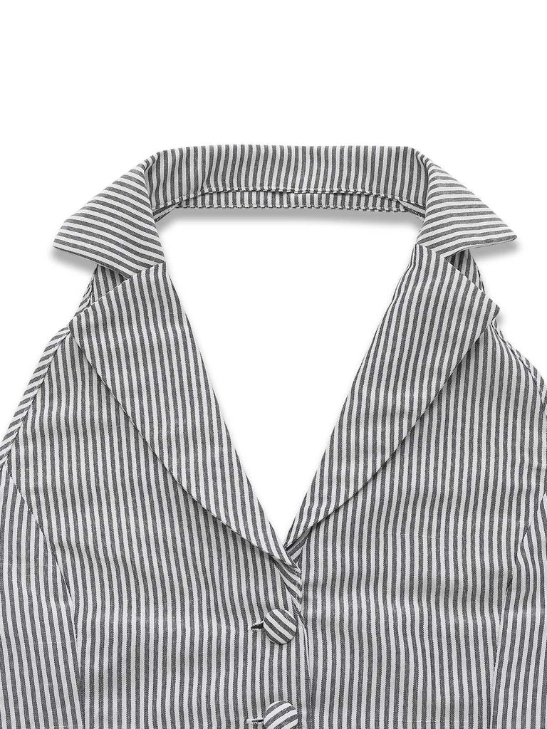 2PCS Gilet licou à revers et short à poches à rayures fines gris des années 1950