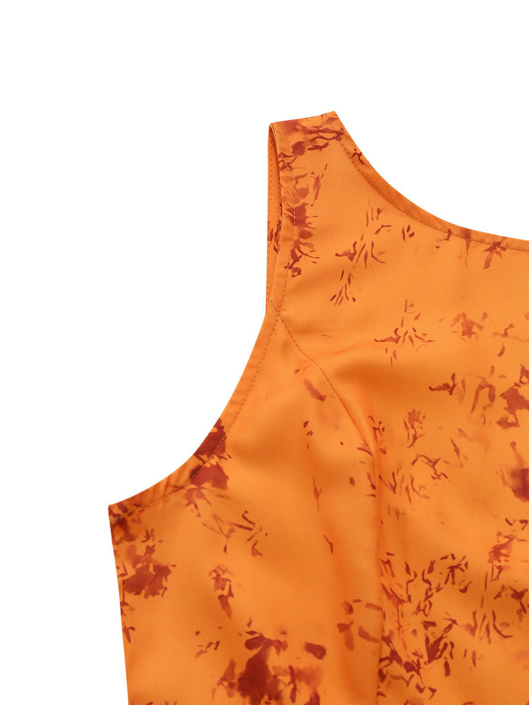 Robe Orange Coton Sans Manches Imprimée Ajustée Années 1930