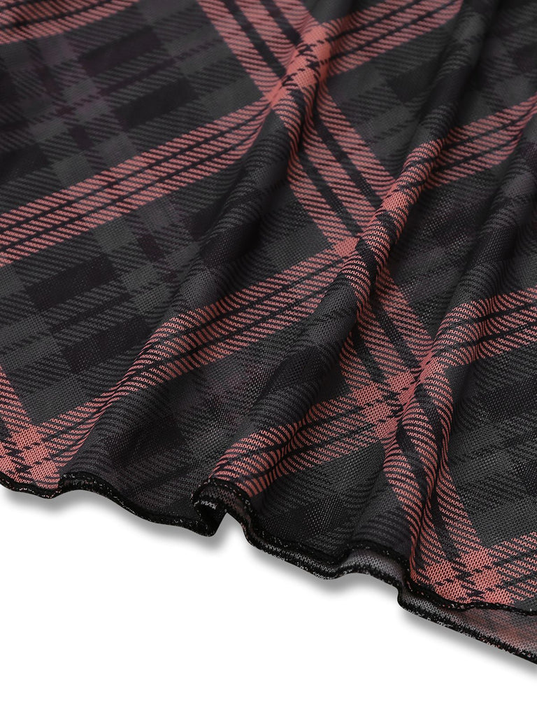 Robe longue à bretelles col V écossais marron des années 1930