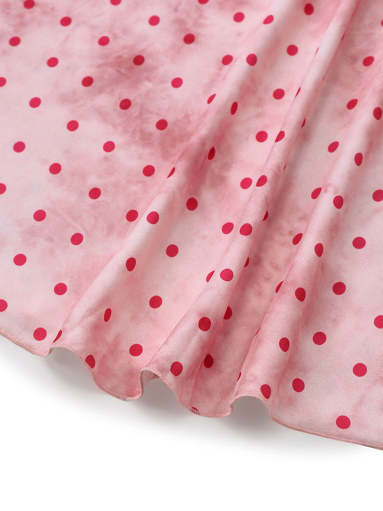 Nuisette dos nu en satin rose à pois et bordure en dentelle années 1940