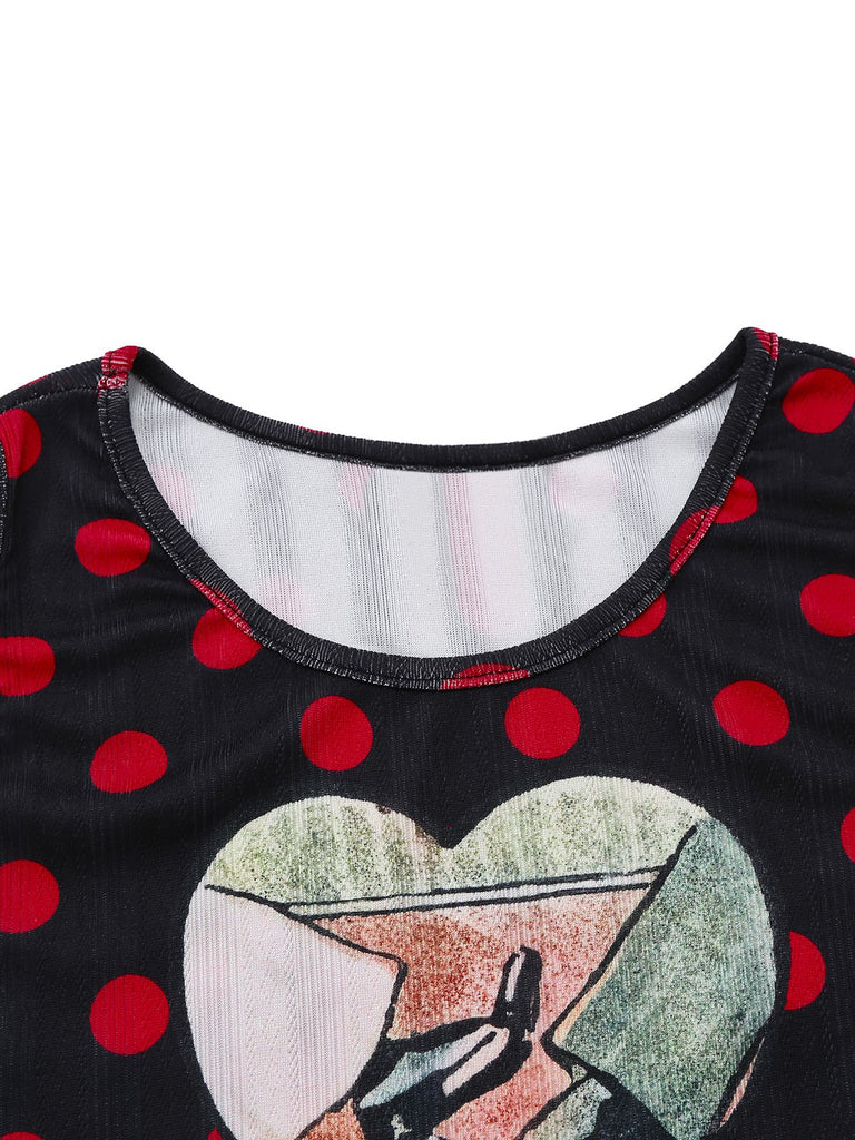 Robe Crayon Noire Pois Motif Cœur Années 1980