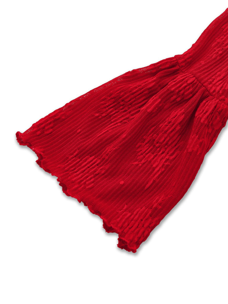 Robe en maille rouge à manches cloche et nœud floral style années 1960