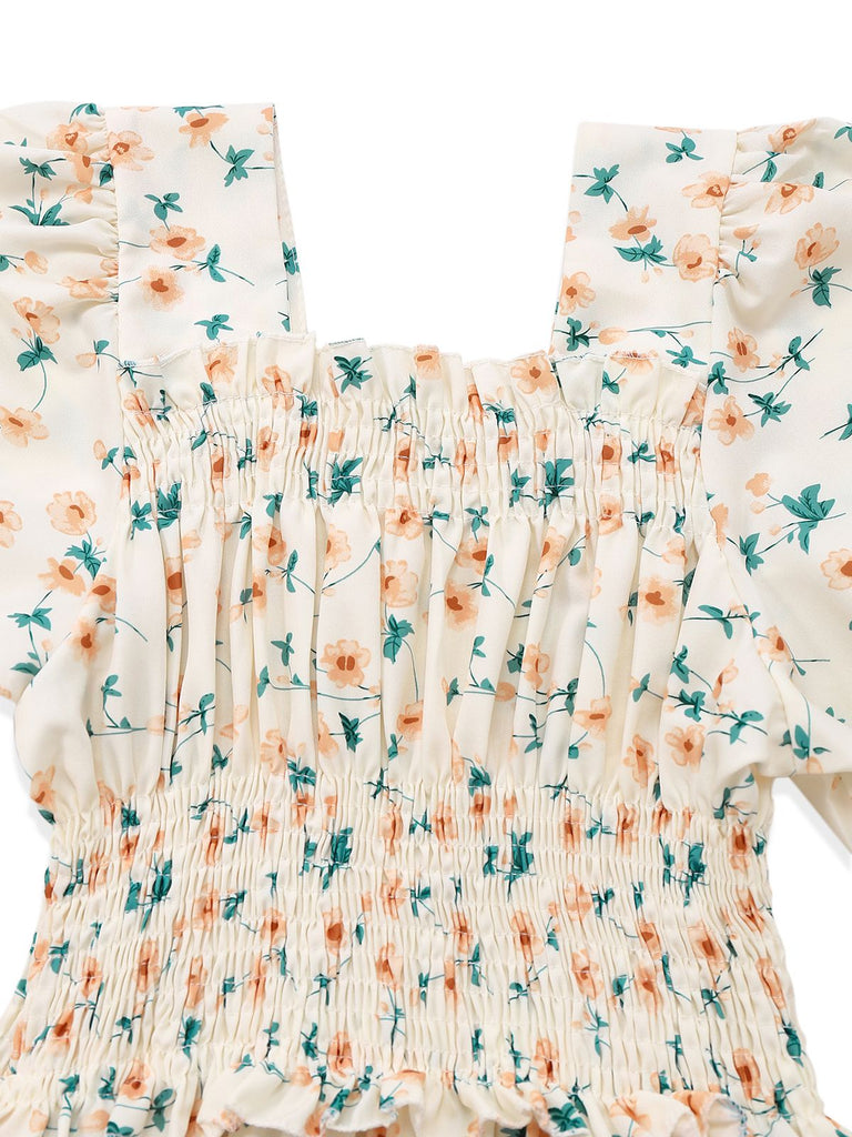 Robe jaune fleurs à col carré des années 1940