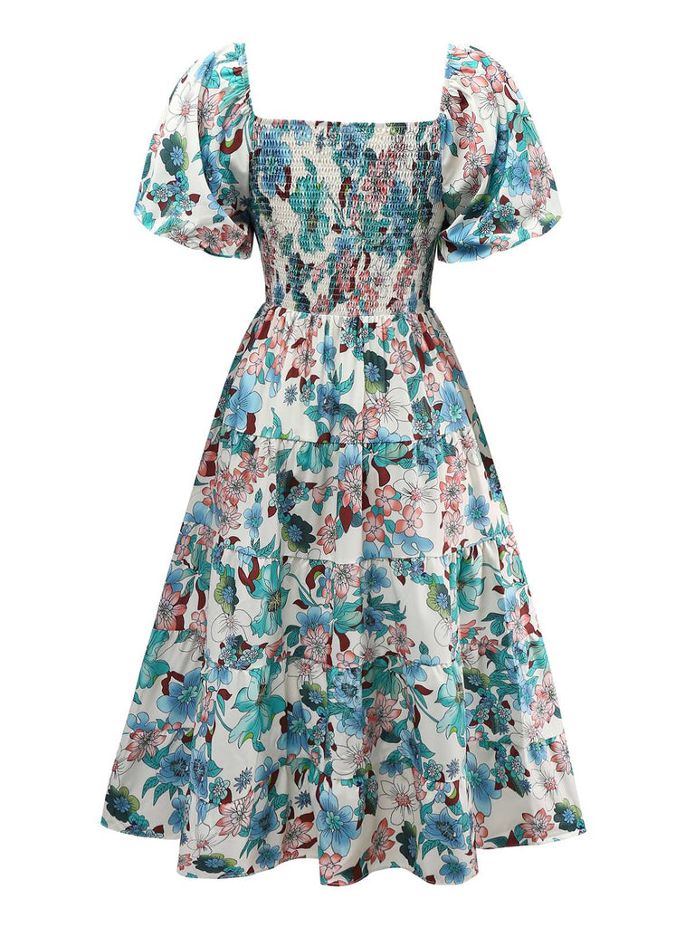 Robe bardot verte fleurs épaules dénudées années 1950