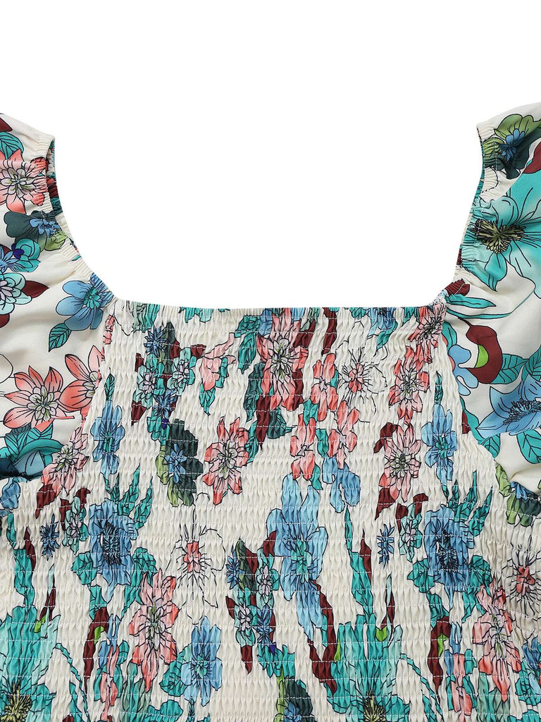 Robe bardot verte fleurs épaules dénudées années 1950