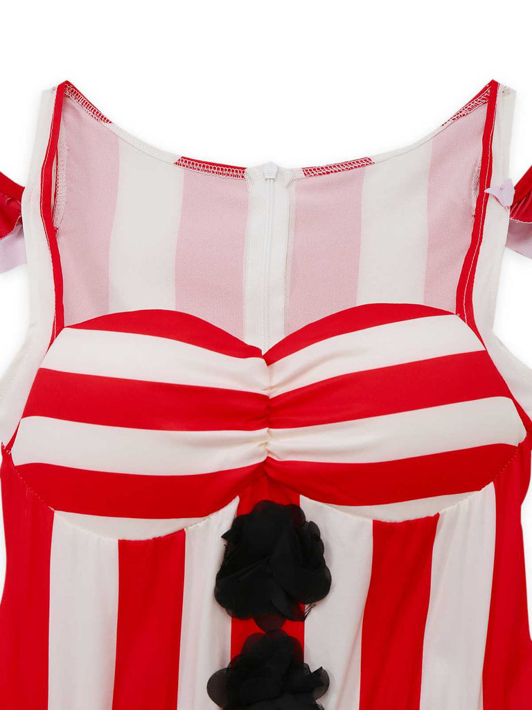 Robe à bretelles rayée rouge clown maléfique d'Halloween des années 1960