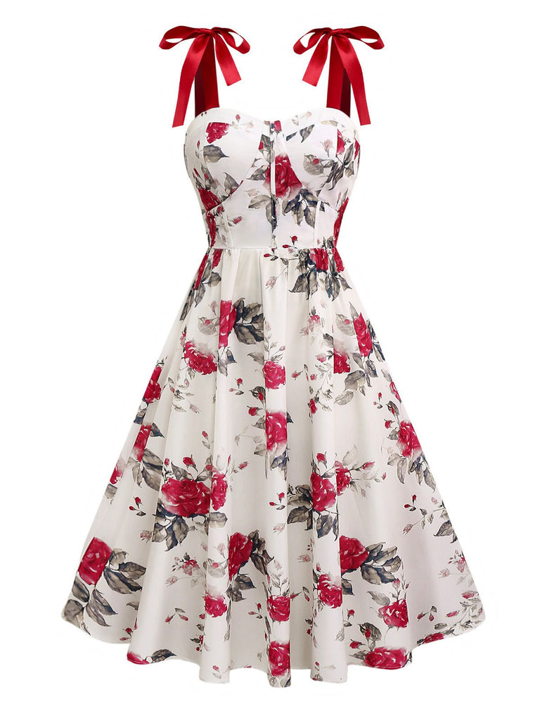 Robe trapèze blanche à lacets et imprimé roses des années 1950