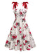 Robe trapèze blanche à lacets et imprimé roses des années 1950