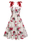 Robe trapèze blanche à lacets et imprimé roses des années 1950