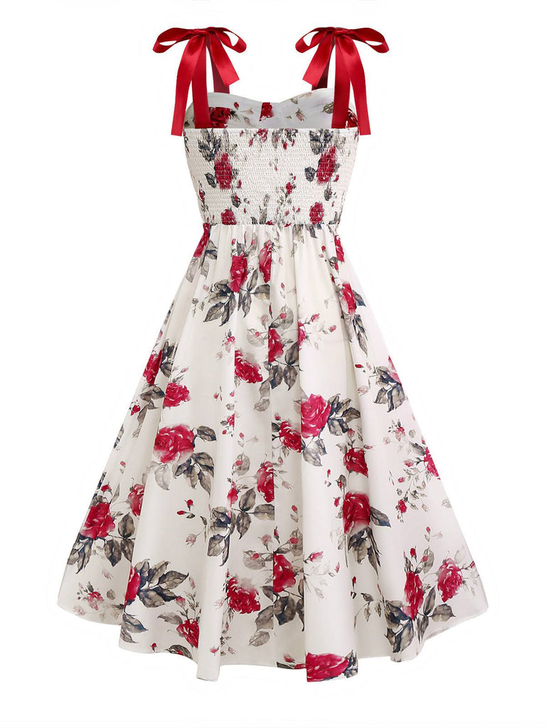 Robe trapèze blanche à lacets et imprimé roses des années 1950