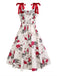 Robe trapèze blanche à lacets et imprimé roses des années 1950