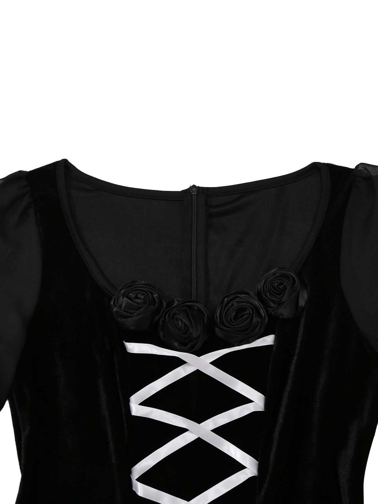 Robe gothique en velours avec croix et roses 3D des années 1980 et bandeau