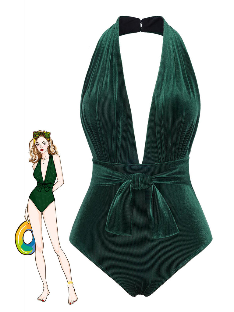 Maillot de bain col V profond en velours vin rouge des années 1970
