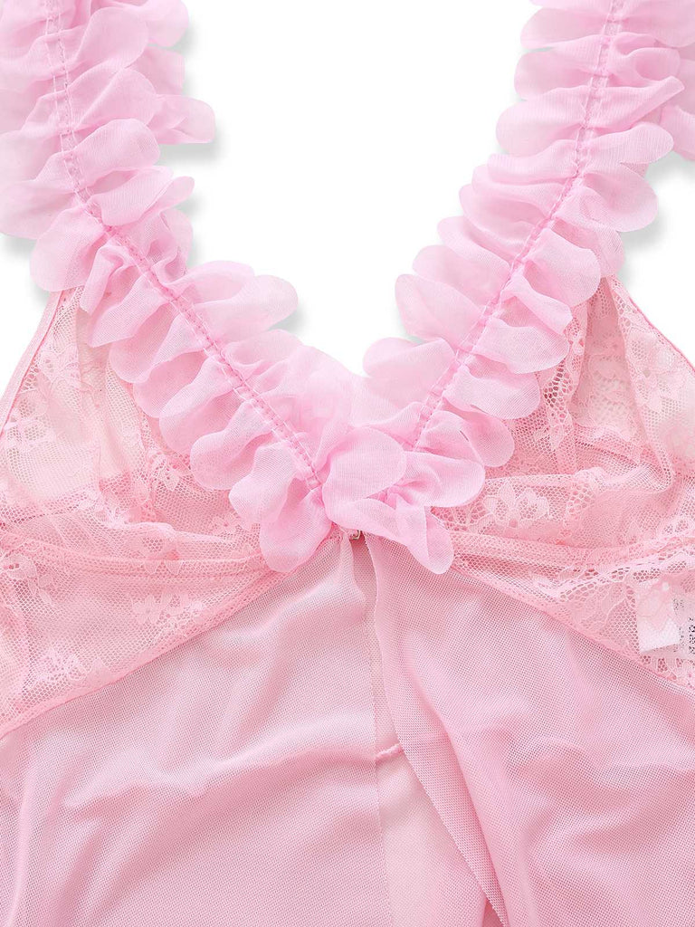 Ensemble de lingerie en dentelle transparente motif floral 3D rose années 1930