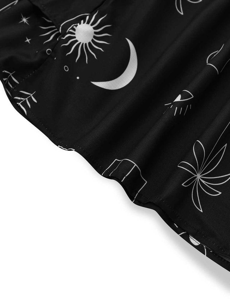 Robe chemise noire à manches évasées imprimée années 1970