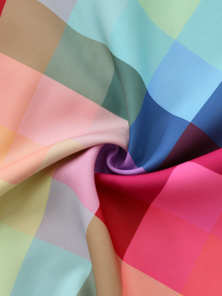 Robe trapèze larges bretelles carreaux colorés 1950s