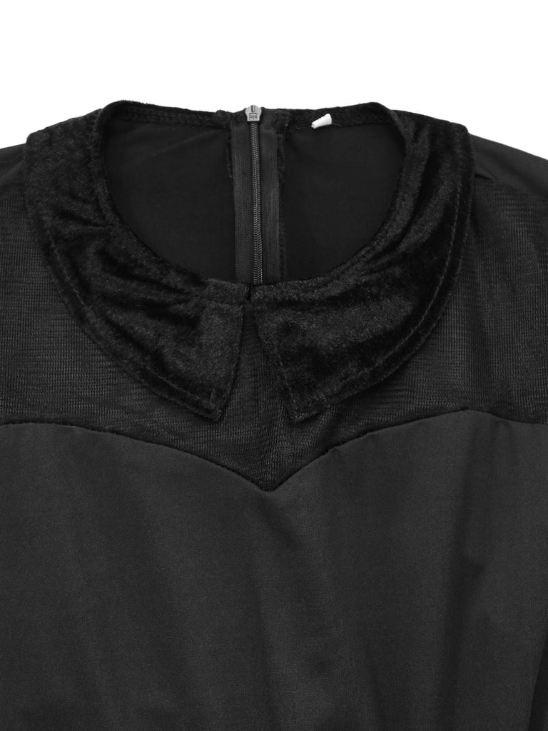Robe noire en tulle transparent col Claudine et ceinture des années 1940