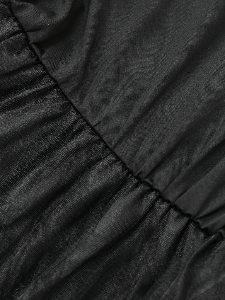 Robe noire en tulle transparent col Claudine et ceinture des années 1940