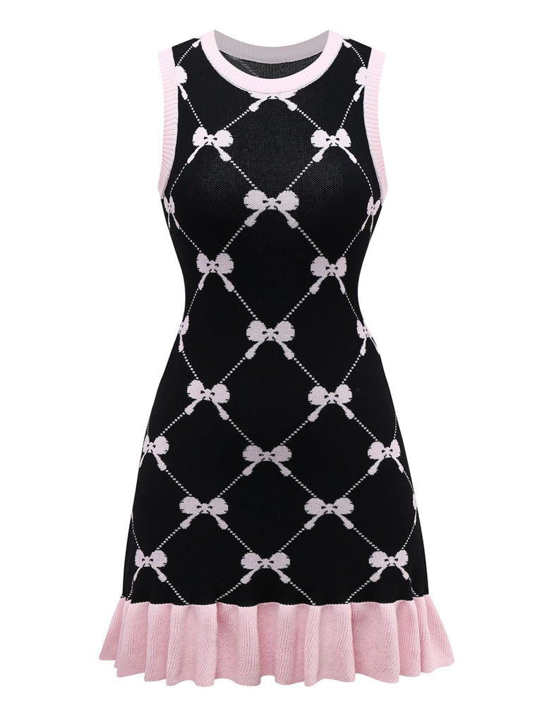Robe noire à volants et imprimé nœud années 1960