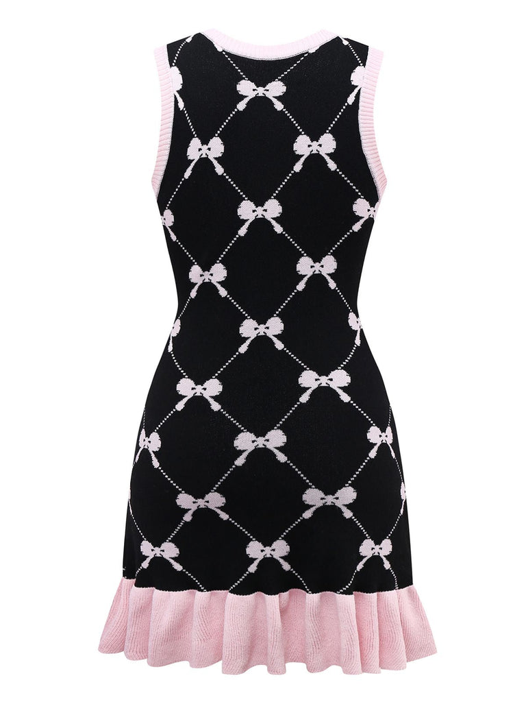 Robe noire à volants et imprimé nœud années 1960