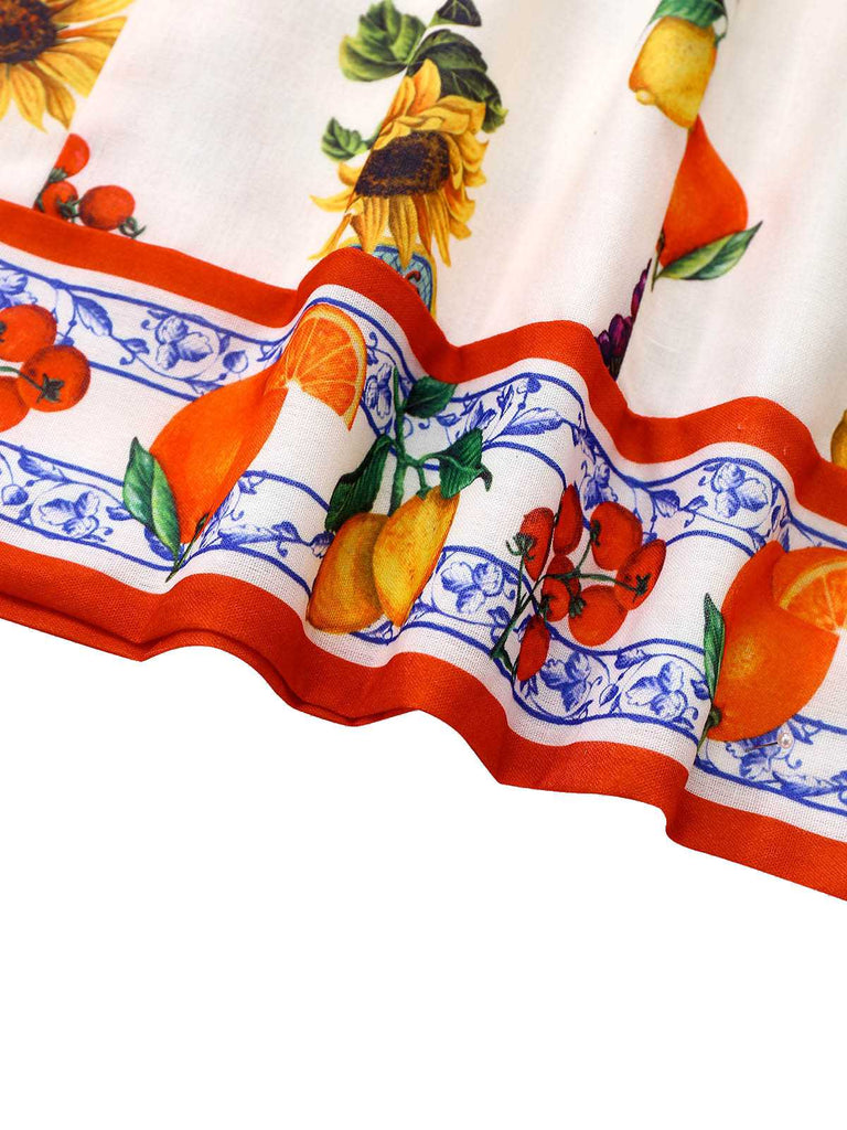 Robe col carré et dos noué à motif tournesol et fruits des années 1960