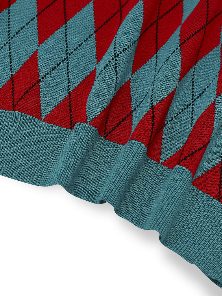 Pull à revers à carreaux losanges et blocs de couleur années 1930