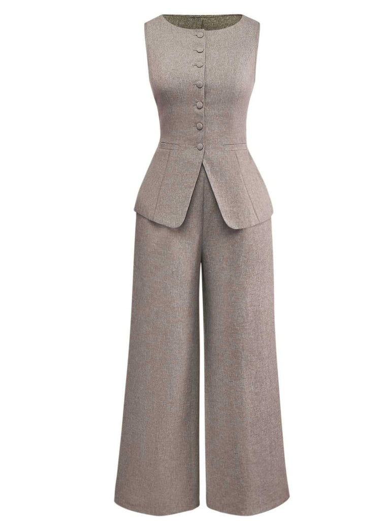 2PCS Gilet et pantalon large style bureau uni des années 1940