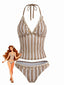 Ensemble tankini kaki rayé et crocheté coquillages et étoiles mer relief années 1950