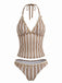 Ensemble Tankini en Crochet Rayé avec Ornements Coquillages & Étoile de Mer 3D Kaki Années 1950 2