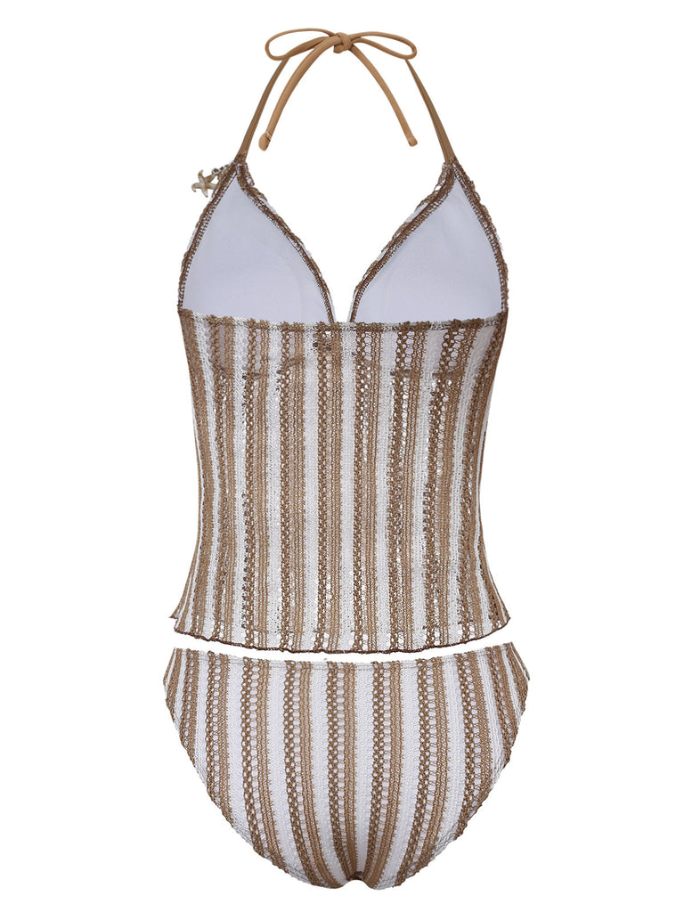 Ensemble Tankini en Crochet Rayé avec Ornements Coquillages & Étoile de Mer 3D Kaki Années 1950 3