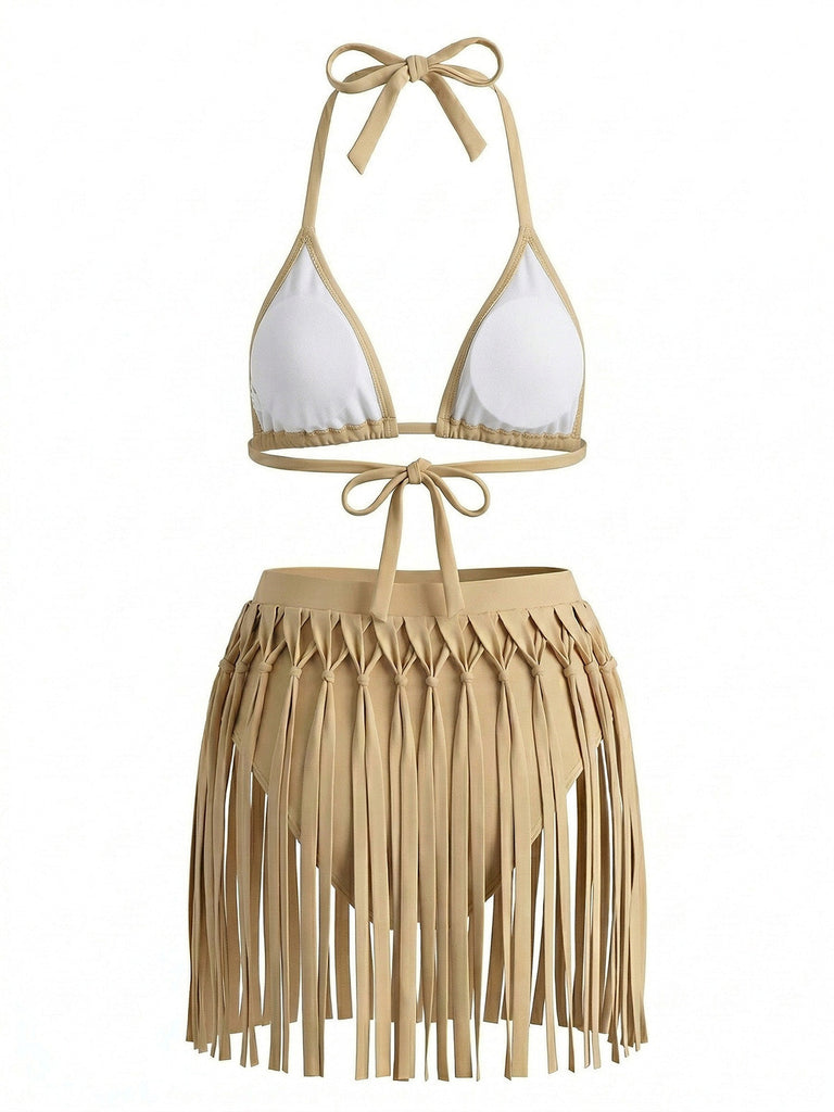 Ensemble Bikini Halter Franges Patchwork Kaki Années 1970 3