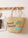 Grand Sac de Plage en Paille Brodé Palmier Cocotier Kaki 2