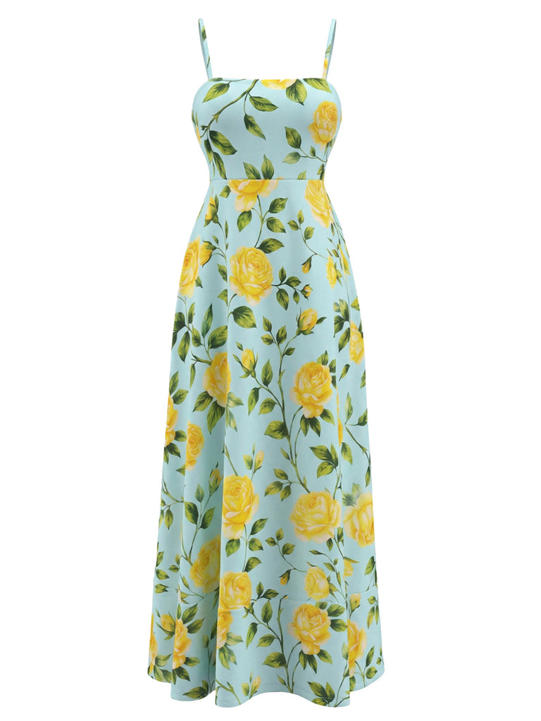 Robe Midi à Bretelles Fines Rose Jaune Floral Bleu Clair Années 40