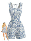 Combishort Sans Manches Col Carré Floral Bleu Années 1950
