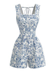 Combishort Sans Manches Col Carré Floral Bleu Années 1950 2