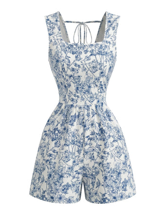 Combishort Sans Manches Col Carré Floral Bleu Années 1950 2