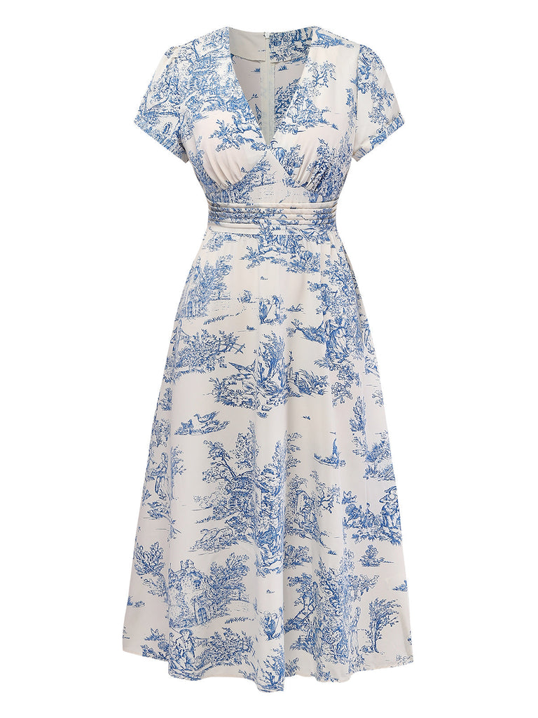 Robe Froncée Col V Imprimé Porcelaine Bleu Clair Années 50