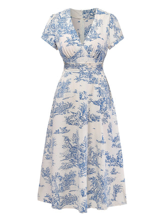 Robe Froncée Col V Imprimé Porcelaine Bleu Clair Années 50