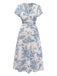Robe Froncée Col V Imprimé Porcelaine Bleu Clair Années 50