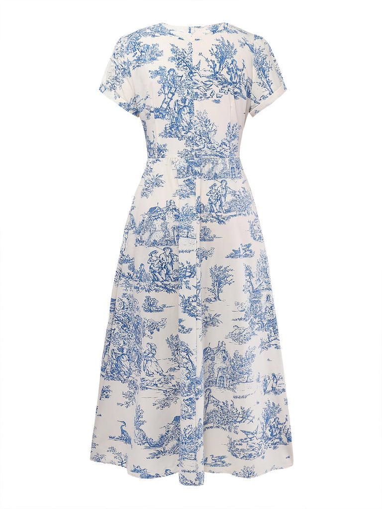 Robe Froncée Col V Imprimé Porcelaine Bleu Clair Années 50
