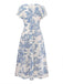 Robe Froncée Col V Imprimé Porcelaine Bleu Clair Années 50