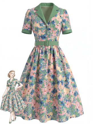 [Prévente] Robe Col Cranté Floral Bleu Clair Années 50