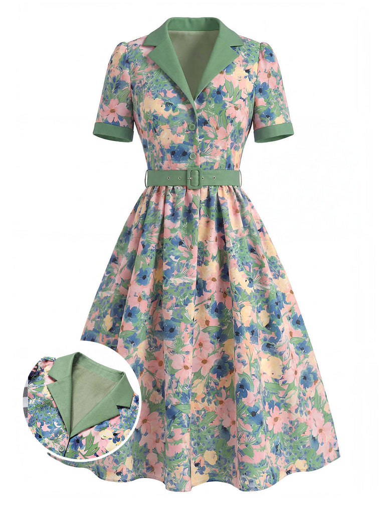 [Prévente] Robe Col Cranté Floral Bleu Clair Années 50
