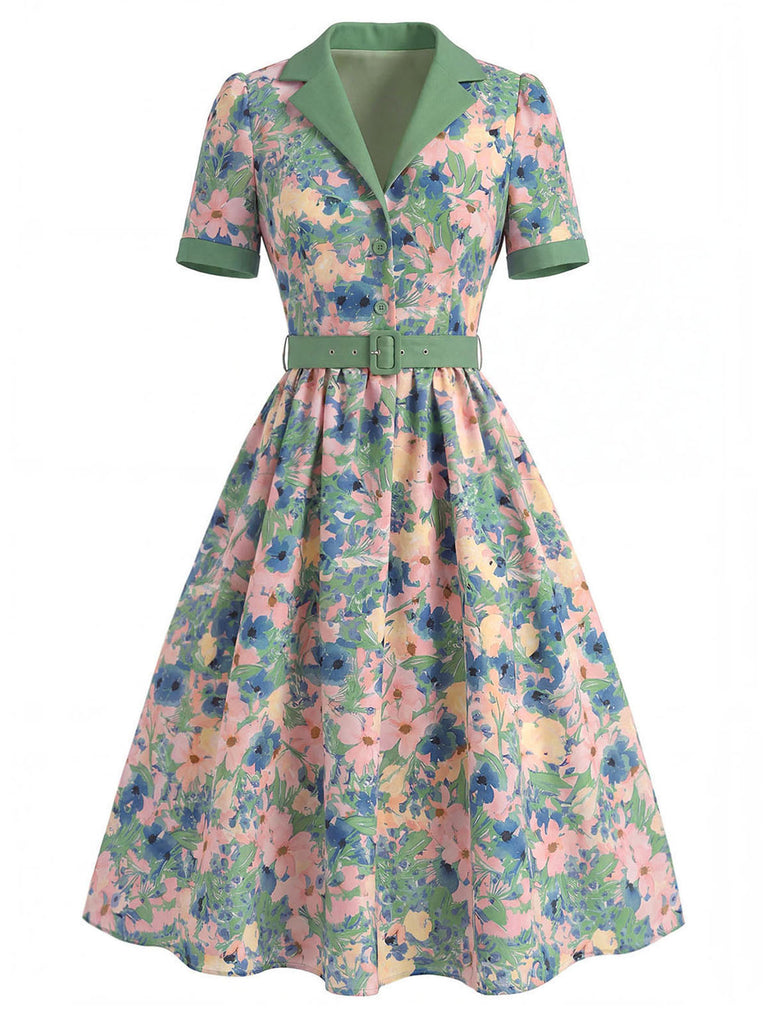 [Prévente] Robe Col Cranté Floral Bleu Clair Années 50
