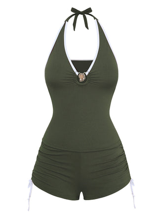 [Prévente] Ensemble Tankini Vert Col Bando à Cordon Froncé Années 50