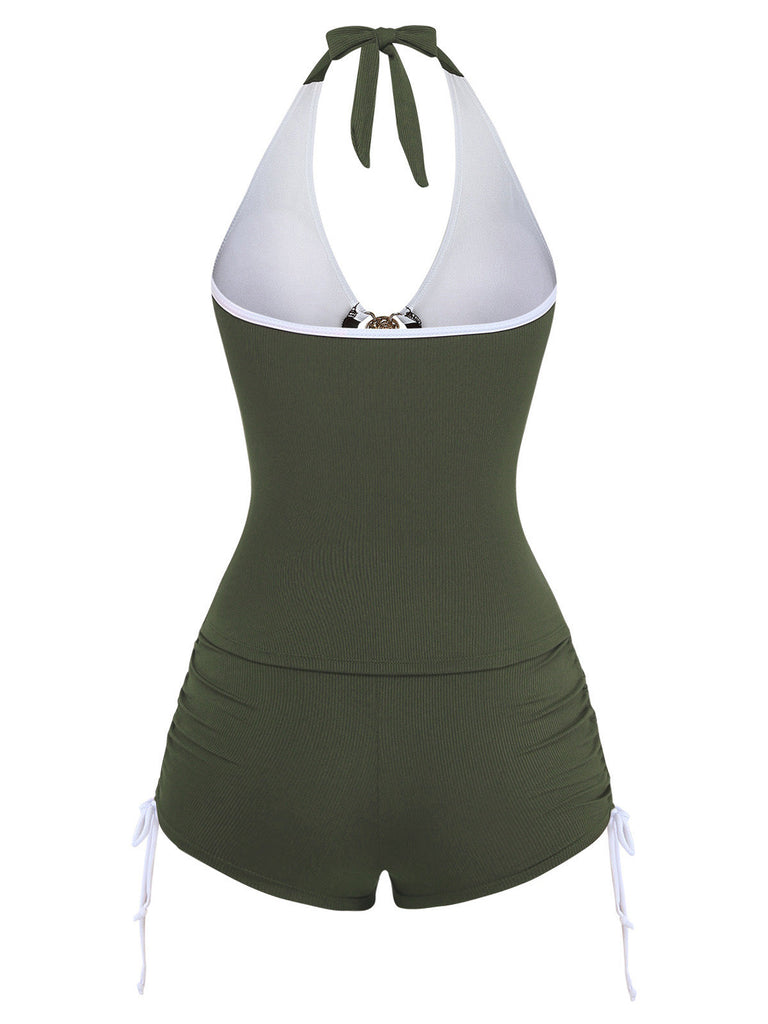 [Prévente] Ensemble Tankini Vert Col Bando à Cordon Froncé Années 50